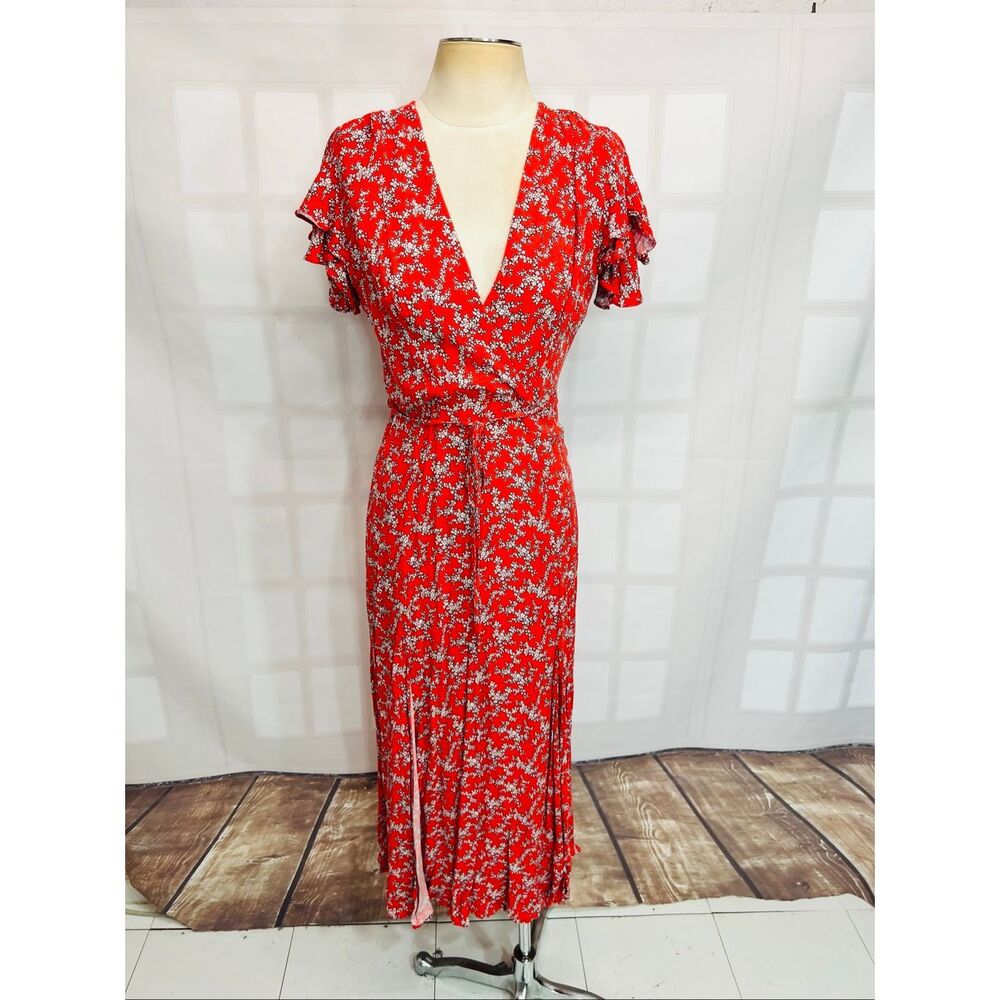 French Connection Red Cerisier Floral V-Neck Flutter Sleeve Midi Dress Size 6